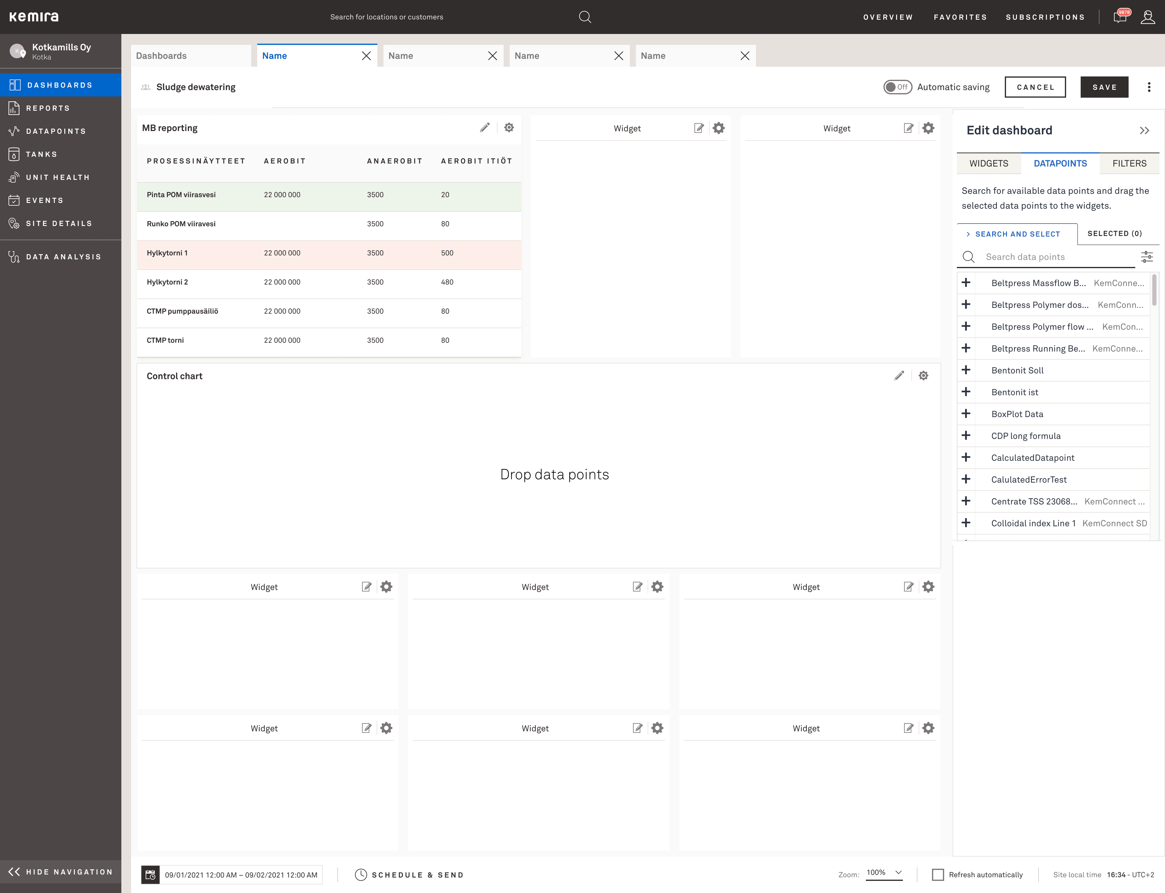 KemConnect grid dashboard with a widget library panel open.